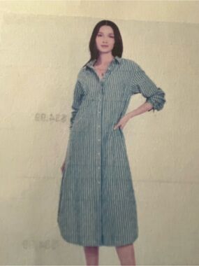 Old Navy Blue & White Vertical Stripe Button Midi Shirt Dress